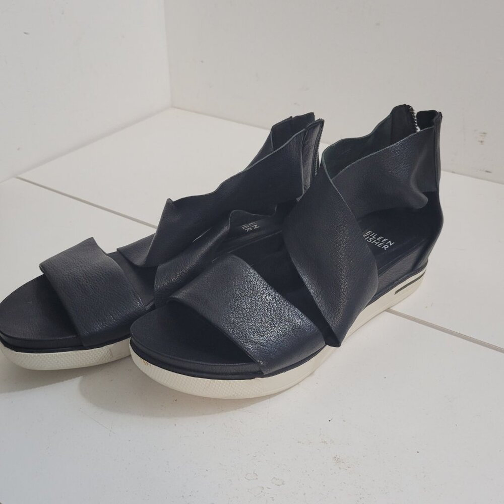 Eileen Fisher Black Leather Open Toe Zipper Back Shoes Size 8 - Picture 2 of 11